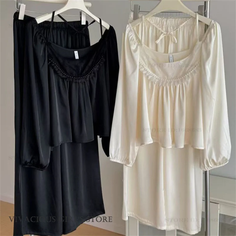 

Spring New Female Pajamas Set Sleepwear Retro Palace Style Princess Pijamas Suit Loungewear Loose Long Sleeve Trouser Homewear