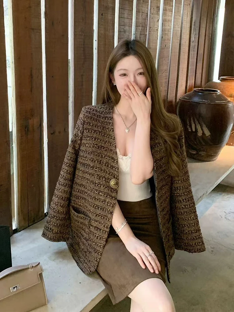 Striped Tweed Jacket for Women Spring Fashion One Button Long Sleeve Coats Y2K Korean Loose Streetwear All Match Weaving Outwear