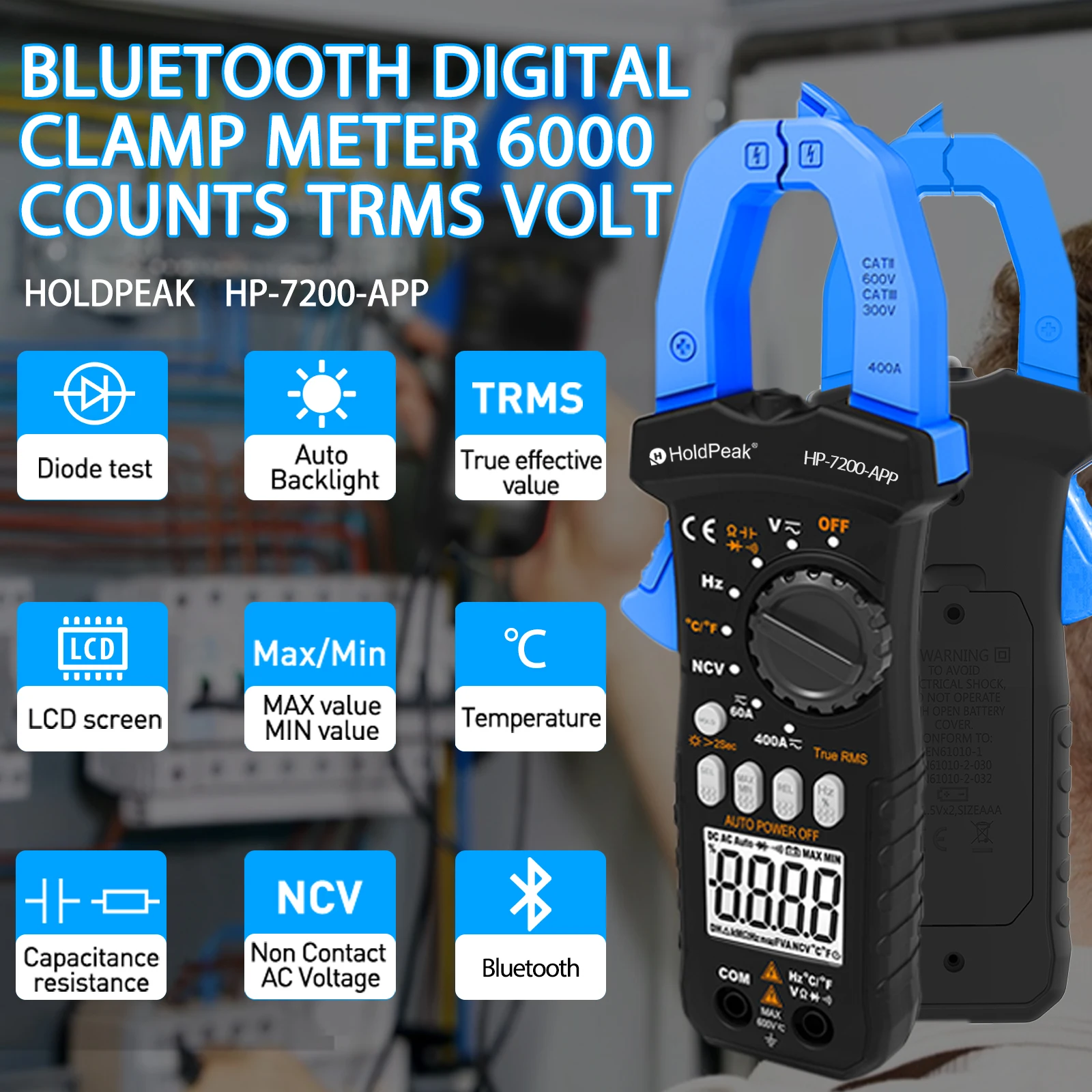 HP-7200APP Wireless Bluetooth Clamp Meter 6000 Count Auto Range Bluetooth Clamp MultimeterDC/AC True RMS Continuity Buzzer Meter
