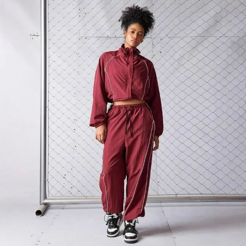 New Cross-border Casual Women's Clothing Set .Europe America Featuring Fashion Color-blocking Drawstring Sport Jacket Long Pants