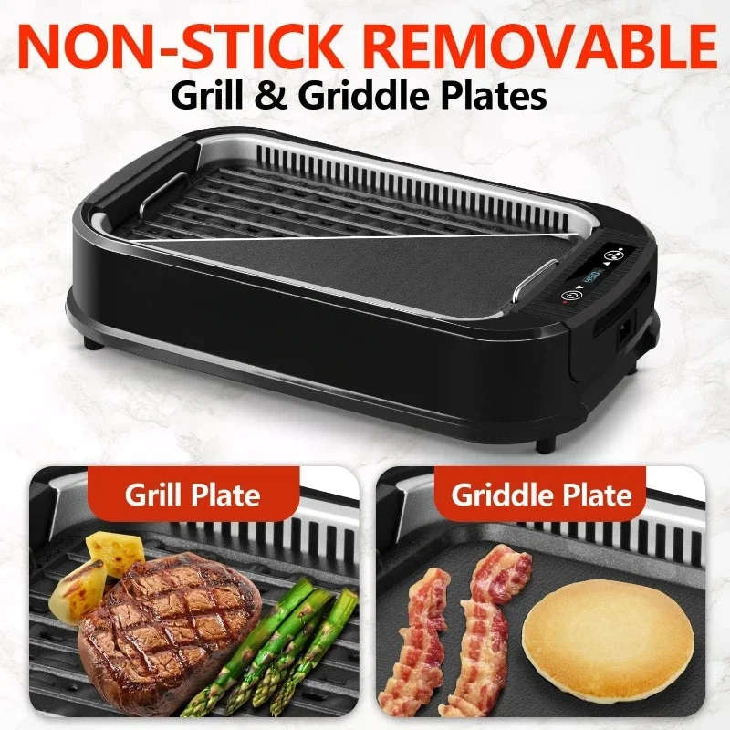 home.Indoor Grill,  Smokeless Grill Indoor,   Display & Tempered Glass Lid, Non-stick Removable Grill Plate & Griddle Plate, Bla