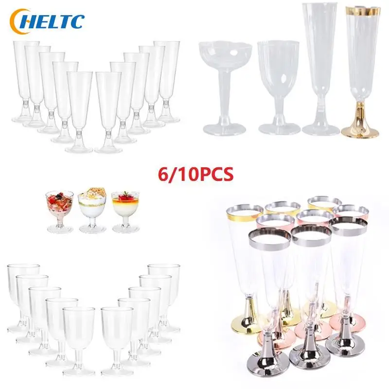 6/10pc Plastic Disposable Red Wine Glass Champagne Flutes Glasses Cocktail Goblet Wedding Party Supplies Bar Drink Cup 150-190ml