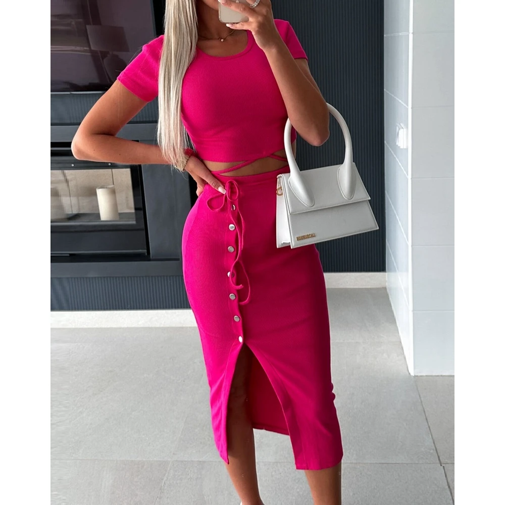 

Women Summer Short Sleeve Tied Detail Top & Buttoned Decor Drawstring Side Slit Midi Skirt Set Summer Two Pieces Dress Outfits