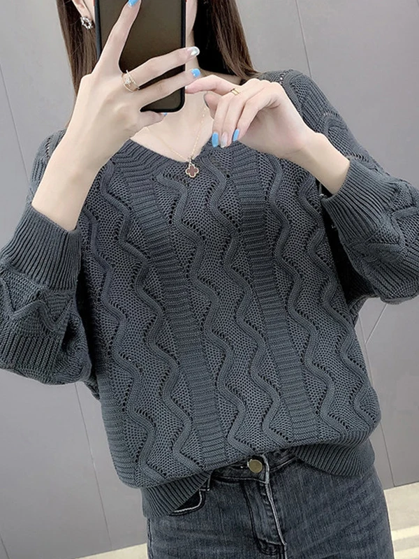 Women's V-Neck Hollow Knitted Sweater Spring Autumn Loose Batwing Sleeve Short Pure Color Top Thin Knitwear Casual Commute Style