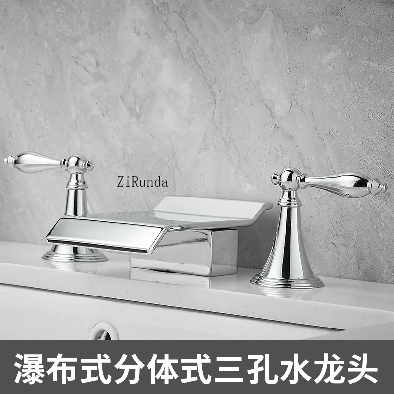 حوض غسيل أوروبي ثلاثي الفتحات من النحاس بالكامل، حوض غسيل للمياه الساخنة والباردة، خزانة حمام، صنبور شلال مقسم #6