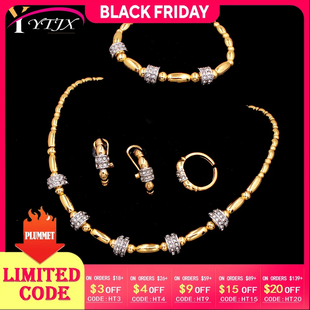 

YTJX 4 Pcs Bohemia Chain Jewelry Set 18K Gold Color Charms Bracelet Necklace Shiny Zircon Earring Ring For Women Wedding Gifts