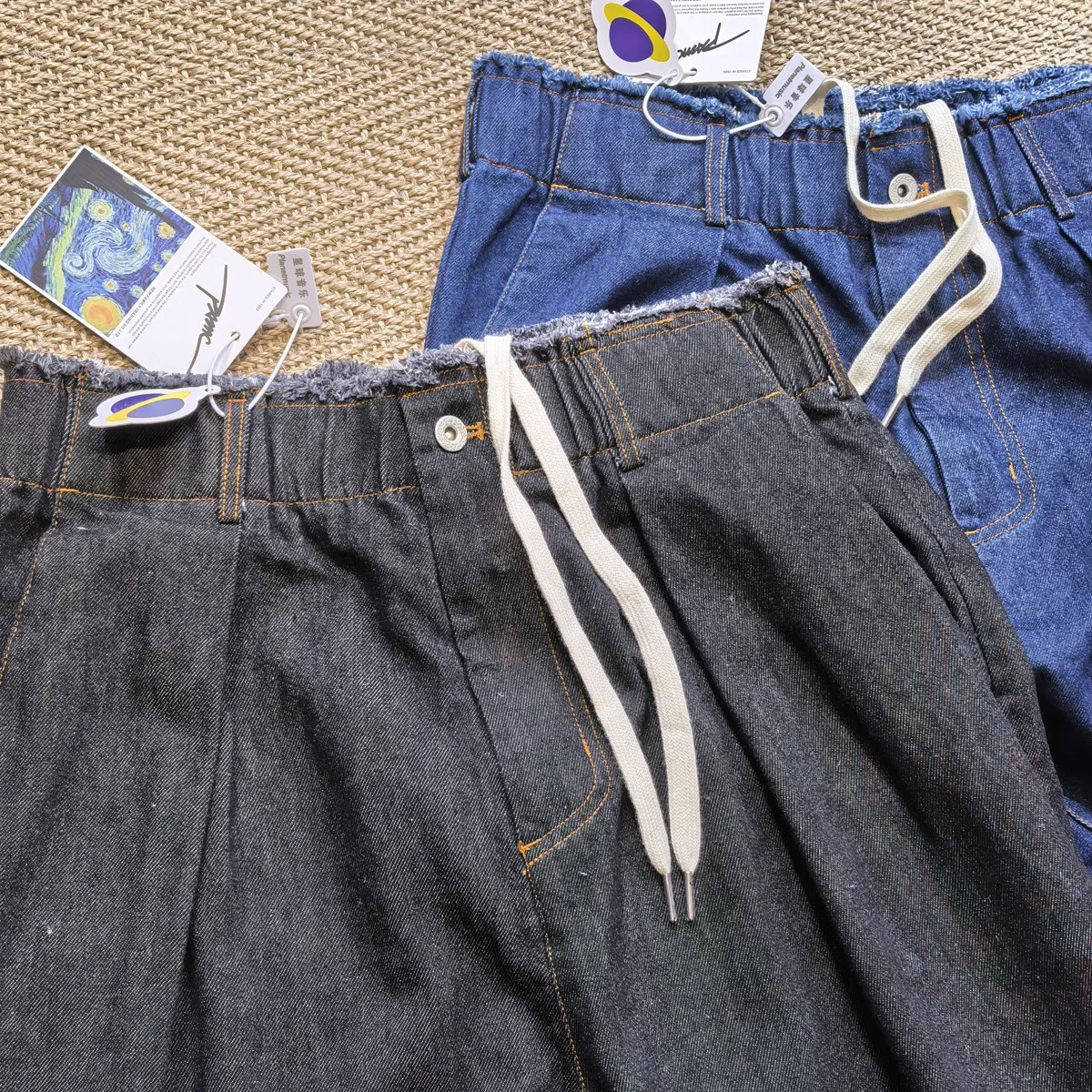 Amekaji Wear All-Match Wide-Style Pinch Vintage A Mei Primary Color Wide-Leg Pants Casual Baggy Loose Jeans for Men and Women