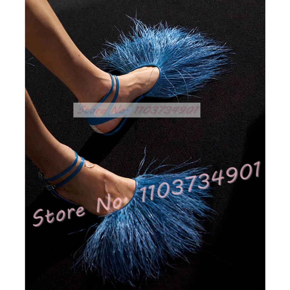 Blue Fan-shaped Feather Decor Flat Sandals Women Trendy Fringes Comfy Novelty Sandals Female Double Ankle Strap Chic New Shoes