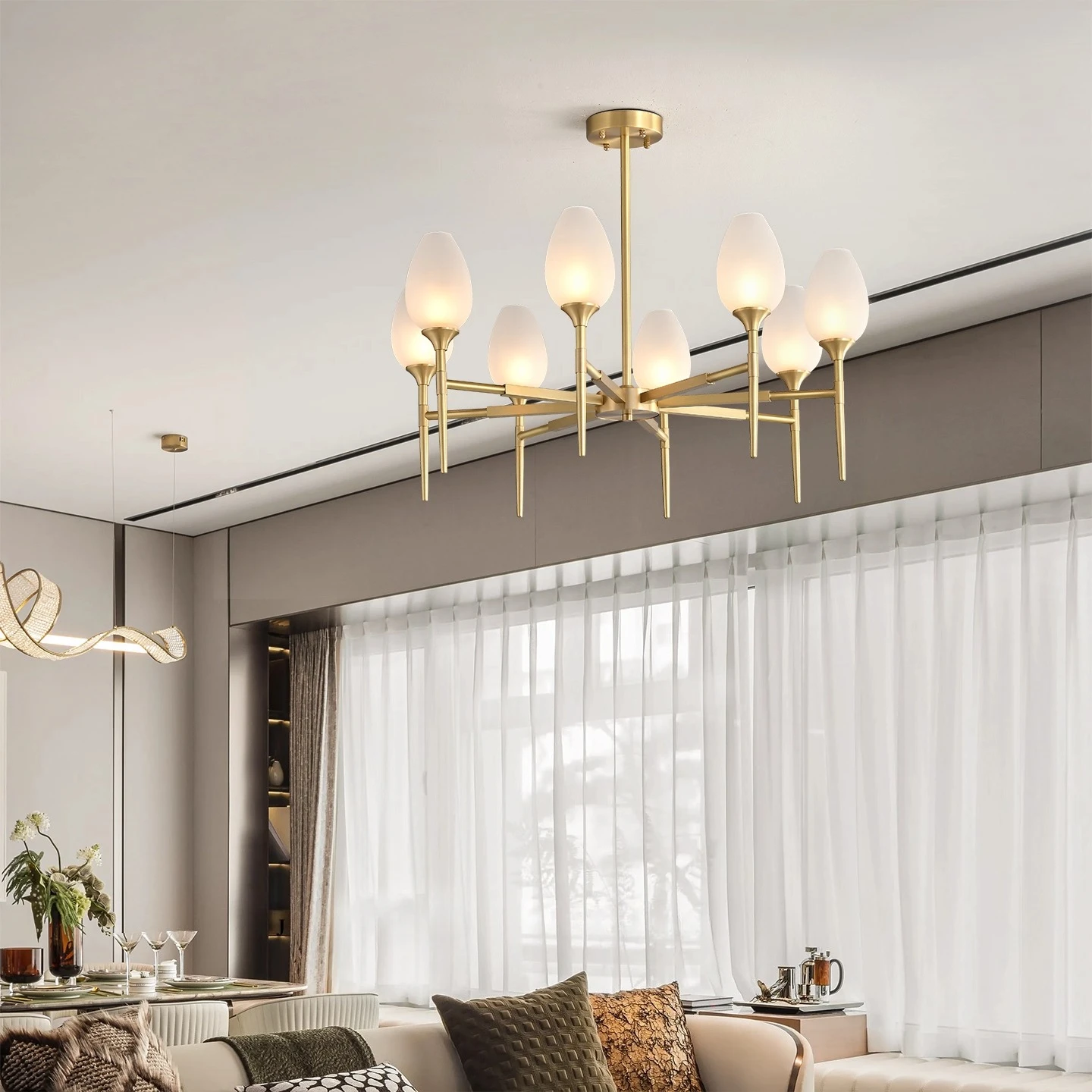 All-copper Light Luxury Living Room Chandelier Staircase Glass Ball Dining Room Lamp Bedroom Creative Magic Bean Pendant Lamp