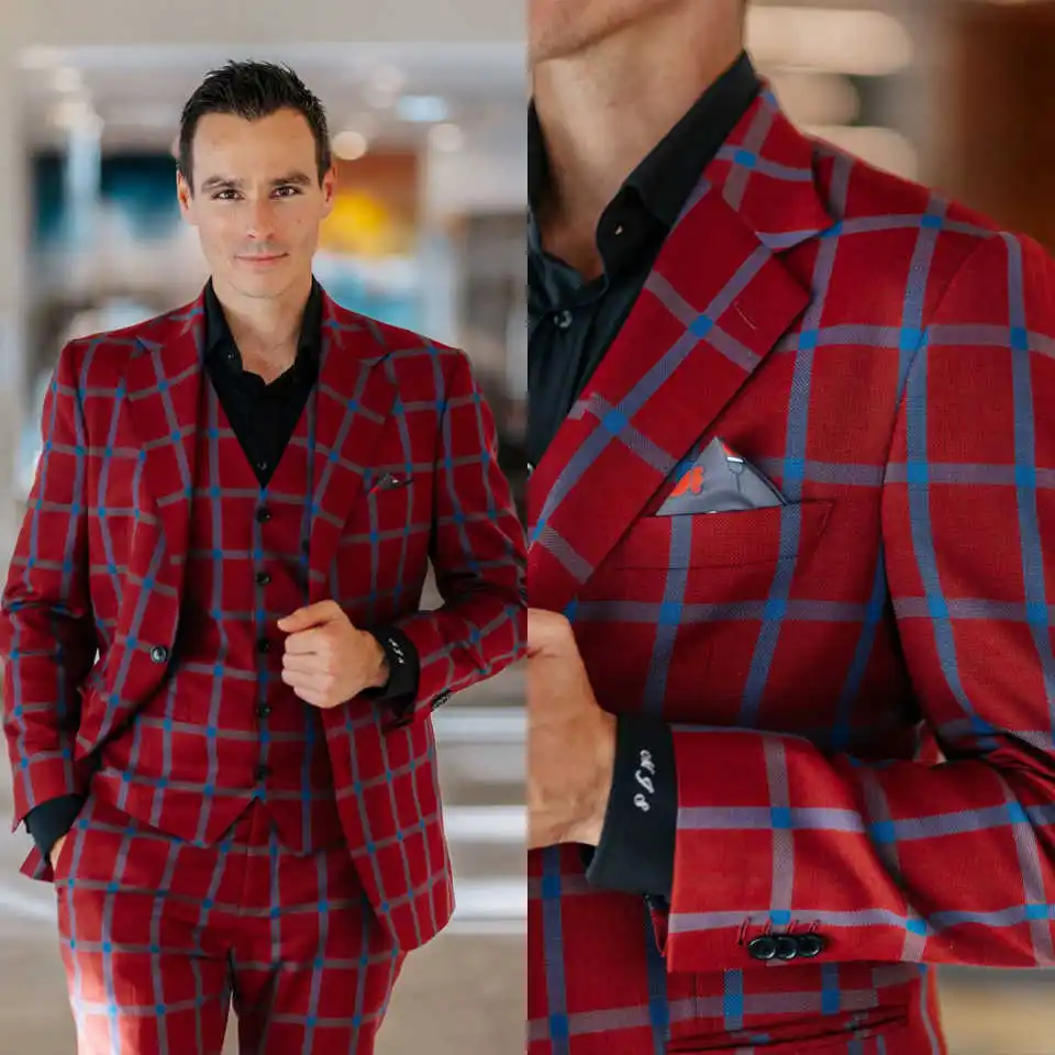 Plaid Leisure Wedding Suits For Groom Notched Lapel Beaded Single Breasted Tuxedos 3 Pcs Jacket Pants Vest Customized