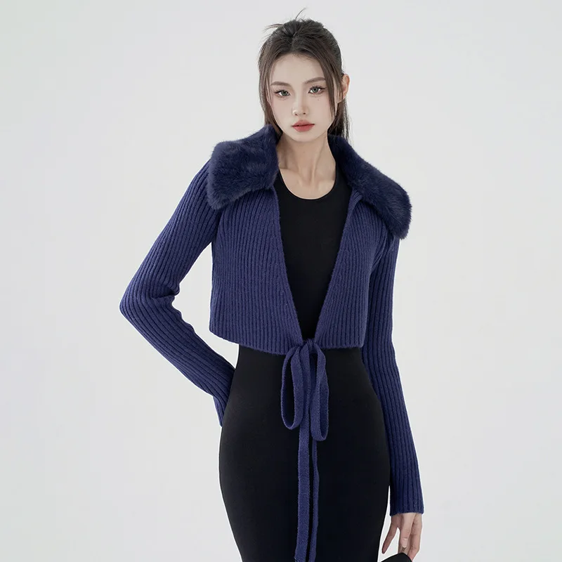 

Korean Fashion Lace Cardigan Autumn Winter Warm Knitted Pullover Short Style Slim Wool Collar Long Sleeved Womens Sweater Jacket