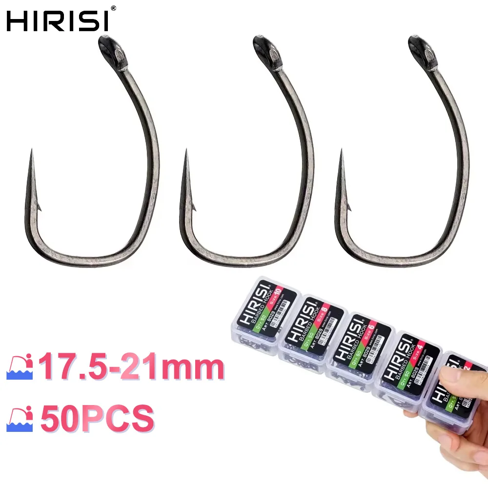 Hirisi 50 Stück PTFE-beschichtete Karpfen-Angelhaken mit Öse, Mikro-Stachel, Kohlenstoffstahl 8029, Angelzubehör, spleißbare Box