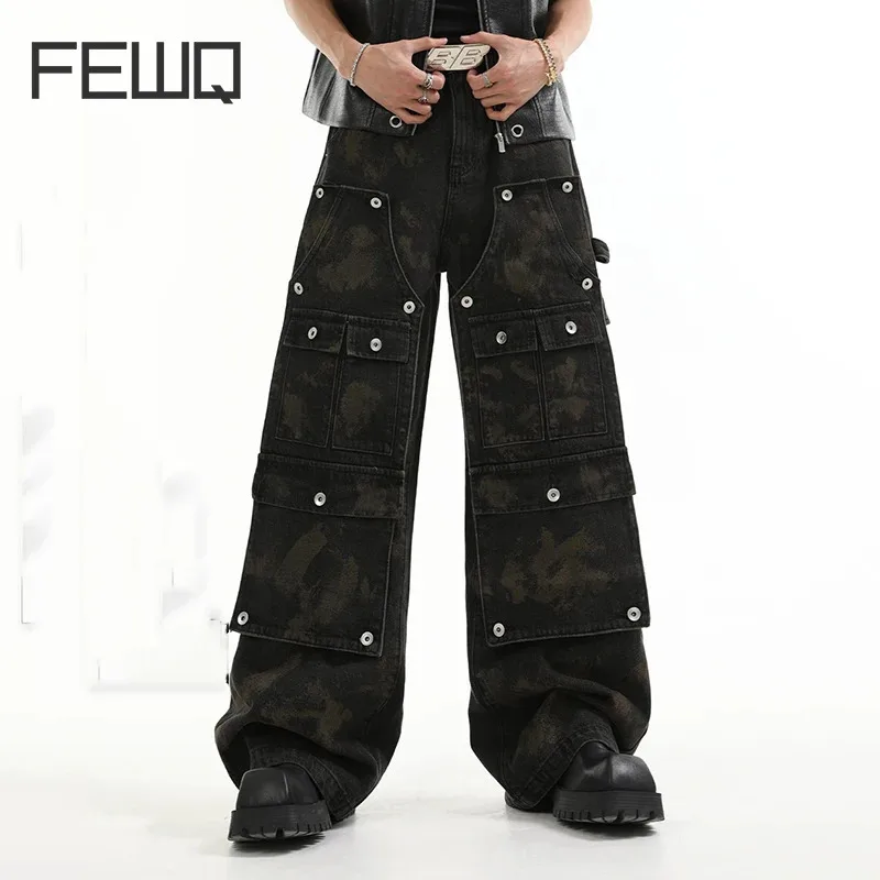 

FEWQ Niche Vintage Washed Multi Pocket Workwear Jeans High Street Loose Pants 2024 Darkwear Wide Leg Male Trousers 24E1933