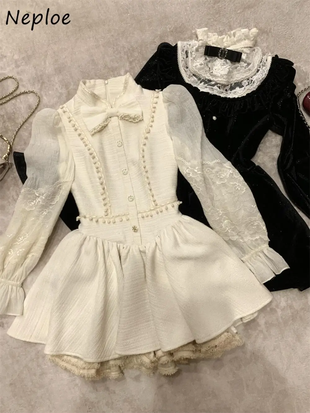

Neploe Elegant Celebrity Bow Princess Dress French Style Small Fragrance New Stand Collar Robe Slim Waist Lace Hollow Out Mujer