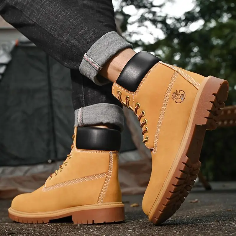 

Boots Men High Top Boots Men's Leather Shoes Winter Fashion Plush Warm Shoes Outdoor Sneakers Lace Up Non-Slip Ankle Boots Male