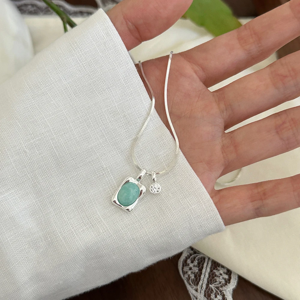 

925 Sterling Silver Necklace Blue Green Square Simple Punk Geometric Elegant for Women Girl Jewelry Gift Dropshipping Wholesale