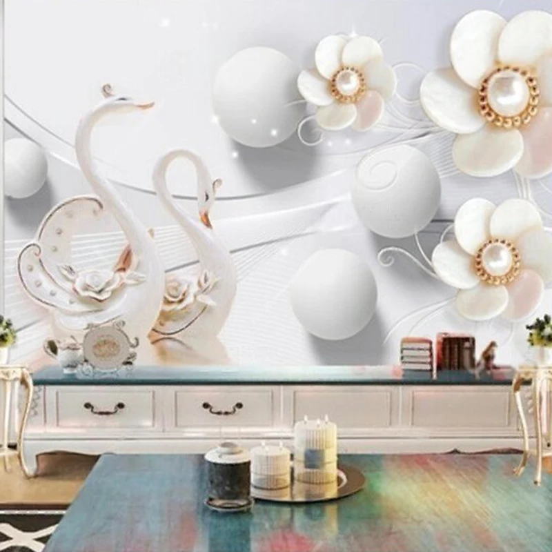 Swan Romantic pearl jewelry TV Luxury home decoration bedroom mural background wall