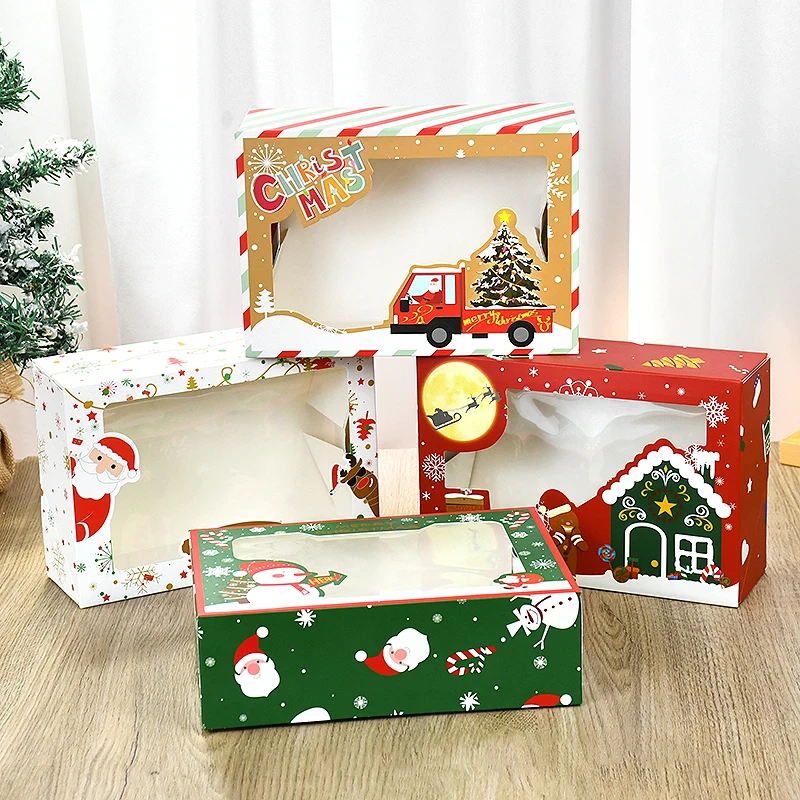 4Pcs Large Merry Christmas Gift Boxes With Window Candy Cookie Snack Packing Box Xmas Navidad Kids Gifts Favors 2025 New Year