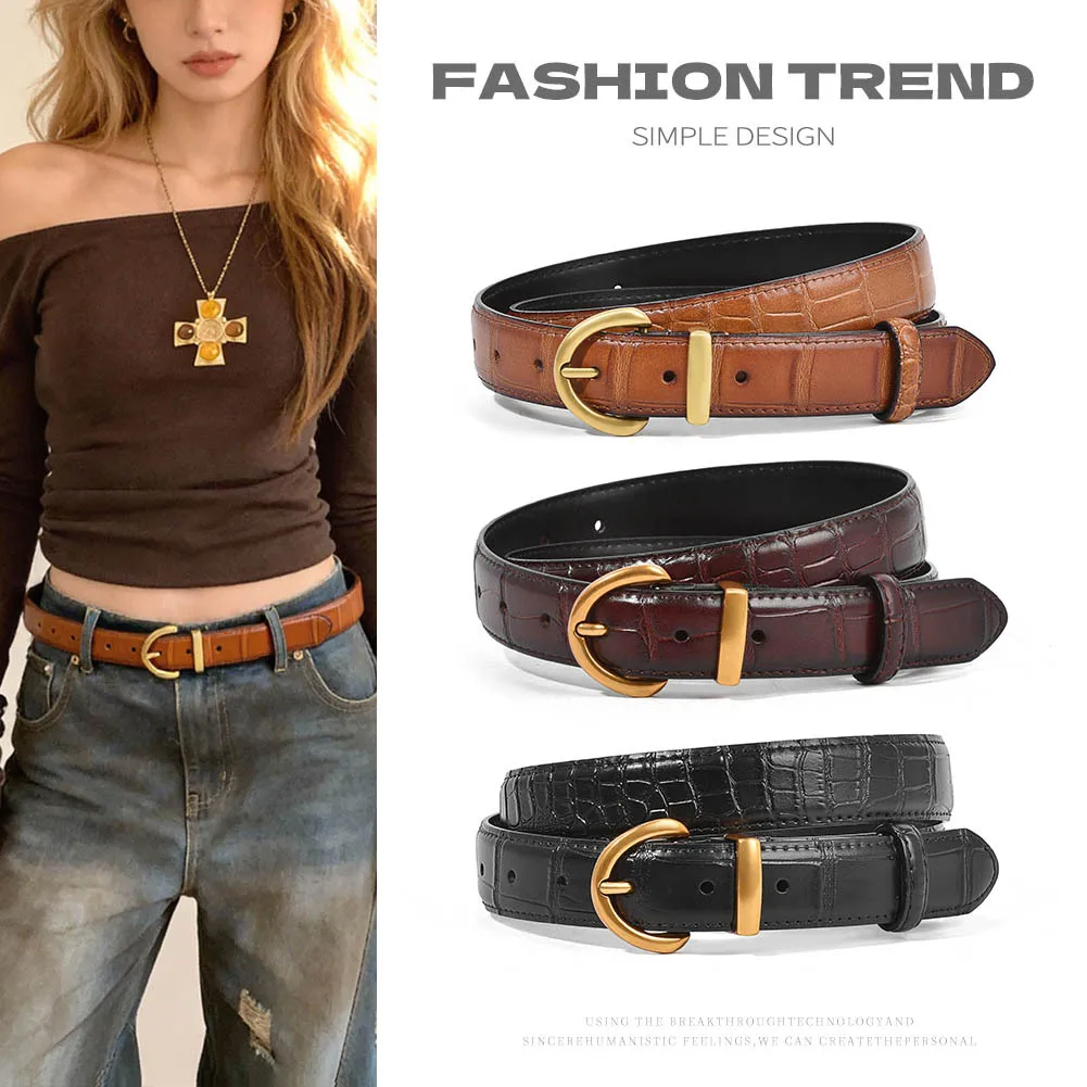 

Винтажный женский ремень с крокодиловым принтом, стильный универсальный ремень из воловьей кожи для джинсов.