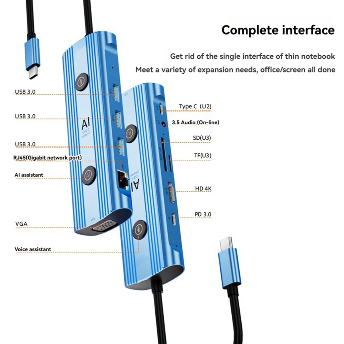 Адаптер A49T Ai USB-C Умная док-станция Type-C, концентратор 13 в 1, голосовая док-станция AI VGA USB RJ45 SD/TF 3,5 мм PD3.0