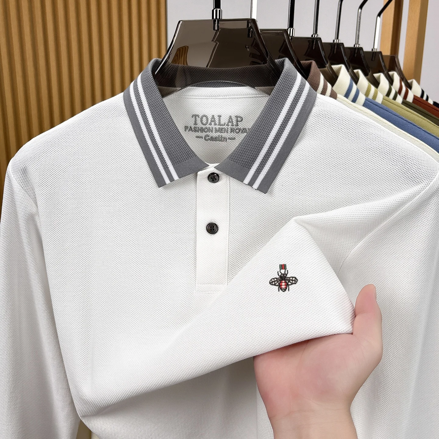 100% Pure Cotton Long Sleeve Polo Shirt Luxury Brand Bee Embroidery Design Business Leisure Spring Autumn Comfort Men's T‑Shirt