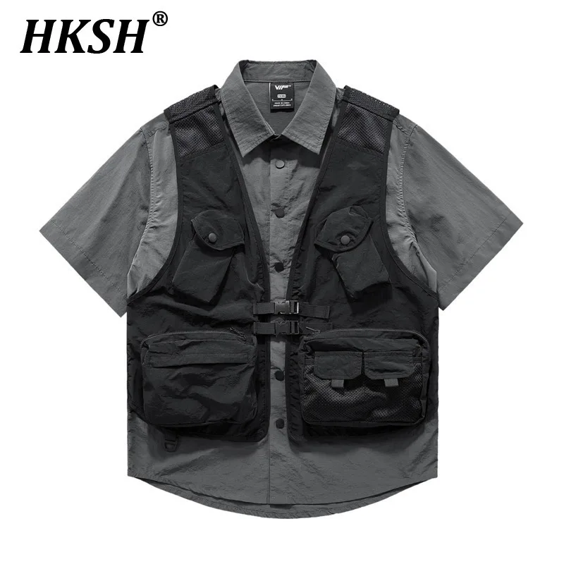 

HKSH Summer New Man Tide Dark Fake Two-Piece Short Sleeve Shirt Outdoor Patchwork Safari Style Vest Niche Tactical Shirts HK5945