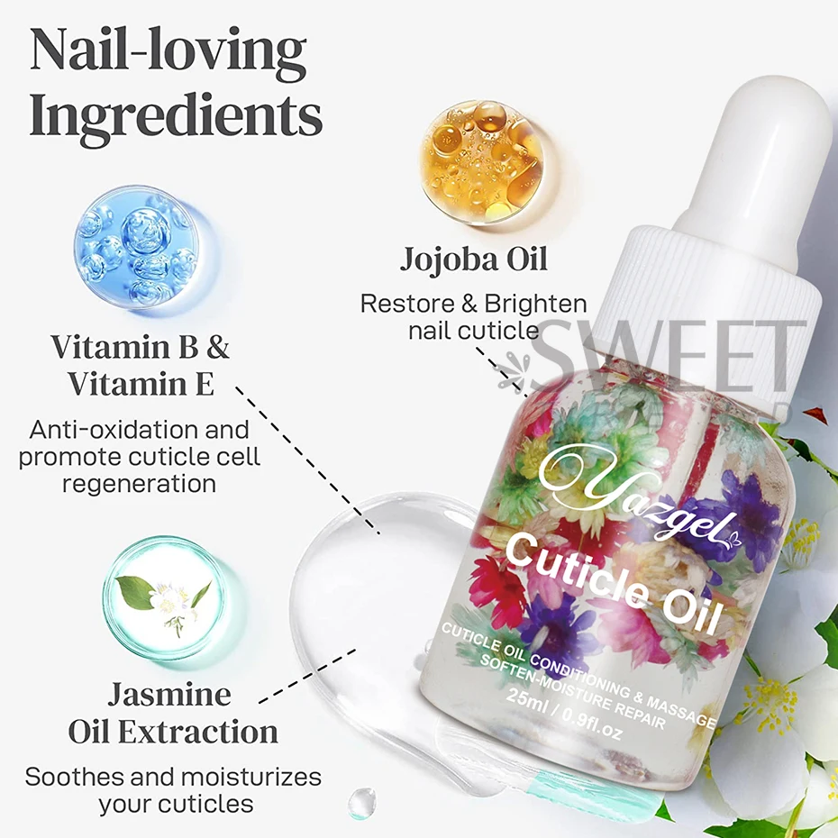 Aceite nutritivo para uñas de flores, 25ml, pétalos coloridos, tratamiento de uñas, aceite revitalizador de cutículas, previene el esmalte de uñas, nutre la piel