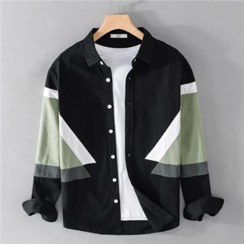 2023 New Spring and Autumn Season Thin Hong Kong Style Fashion Trend Splicing Contrast Color Casual Loose Versatile Men's Shirt