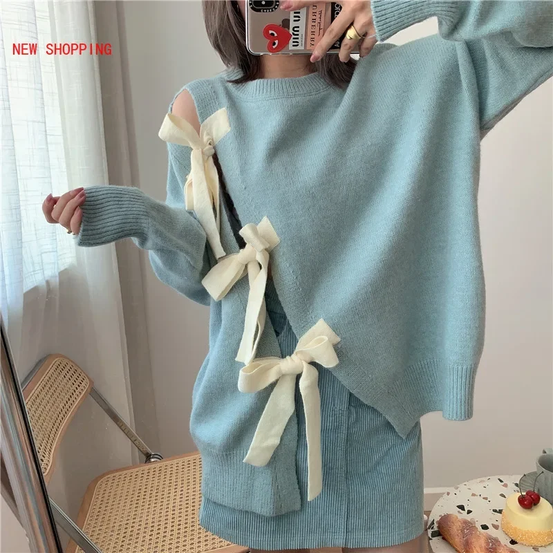 Causal Fashion Korean Bow Tie Hollow-out Split Pullover Sweater Long Sleeve O-neck Knitted Tops 2024 Autumn Winter Knit Jumper