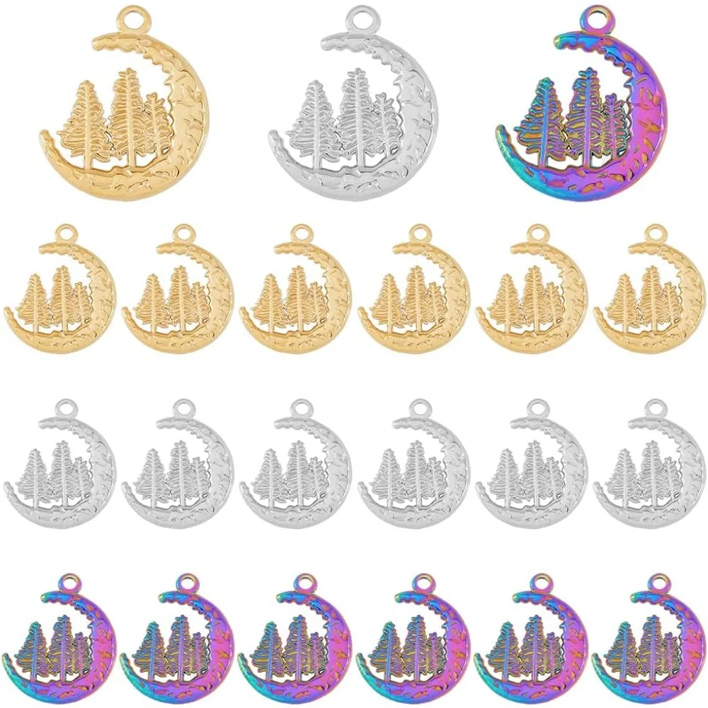 24Pcs 3 Colors Moon Charms Textured Moon with Tree Pendants /Rainbow/Stainless Steel Crescent Moon Charms Curved Metal