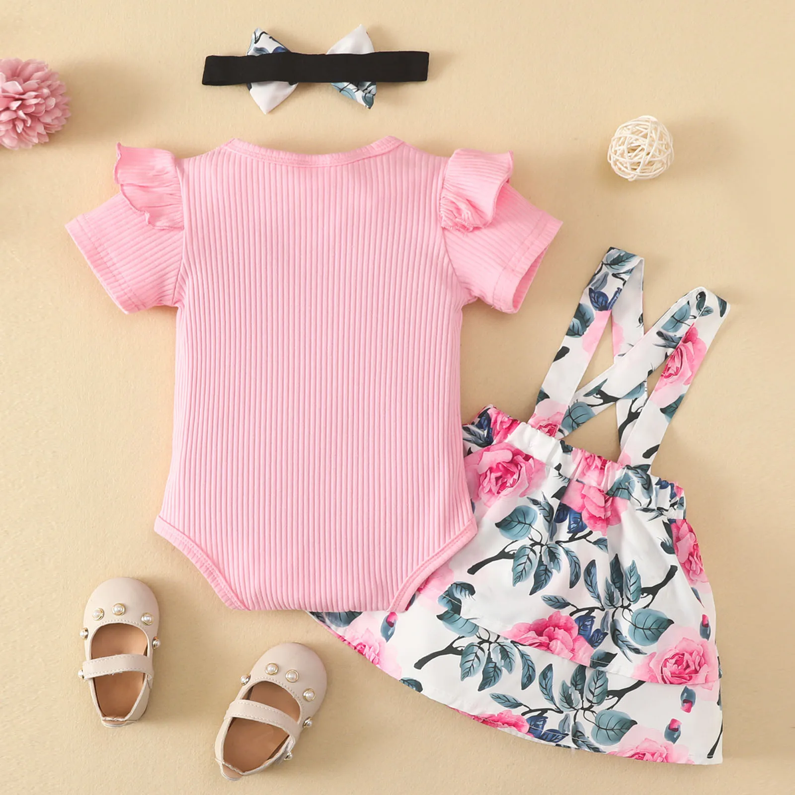 3Pcs Summer Newborn Baby Girl Clothes Set Short Sleeve Ruffle Romper Tops Floral Print Suspenders Skirts Headband Infant Outfits