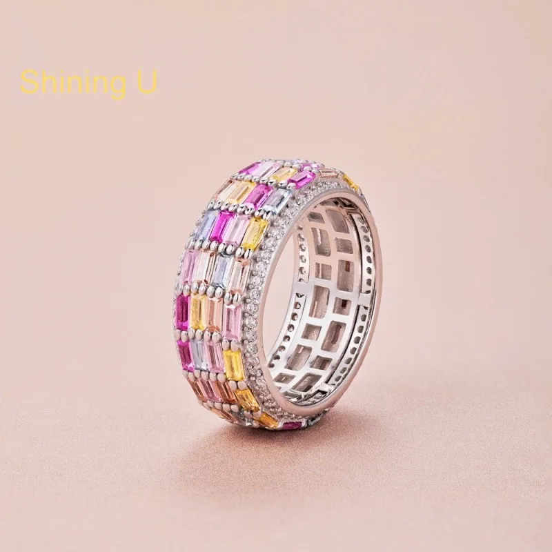 

Shining U S925 Silver Rectangle Full Colored Zircon Gems Ring for Women Fine Jewelry Gift