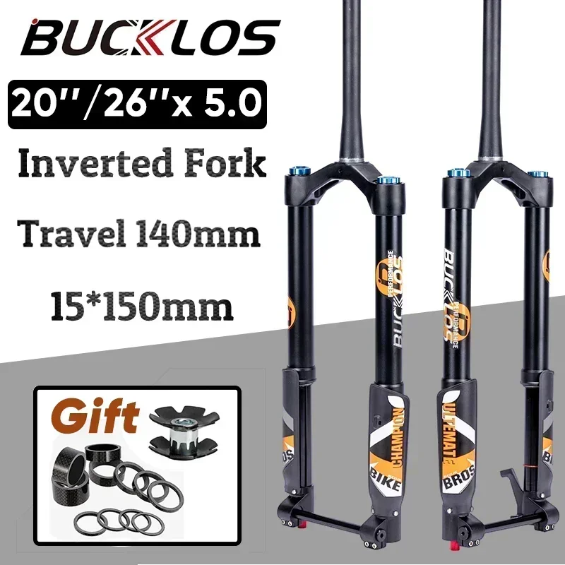 BUCKLOS 20*5.0 Inverted Air Fork Thru Axle 15*150mm Bicycle Suspension Fork Travel 140mm Ebike Fork 26*5.0 Snow/Beach Bike Parts