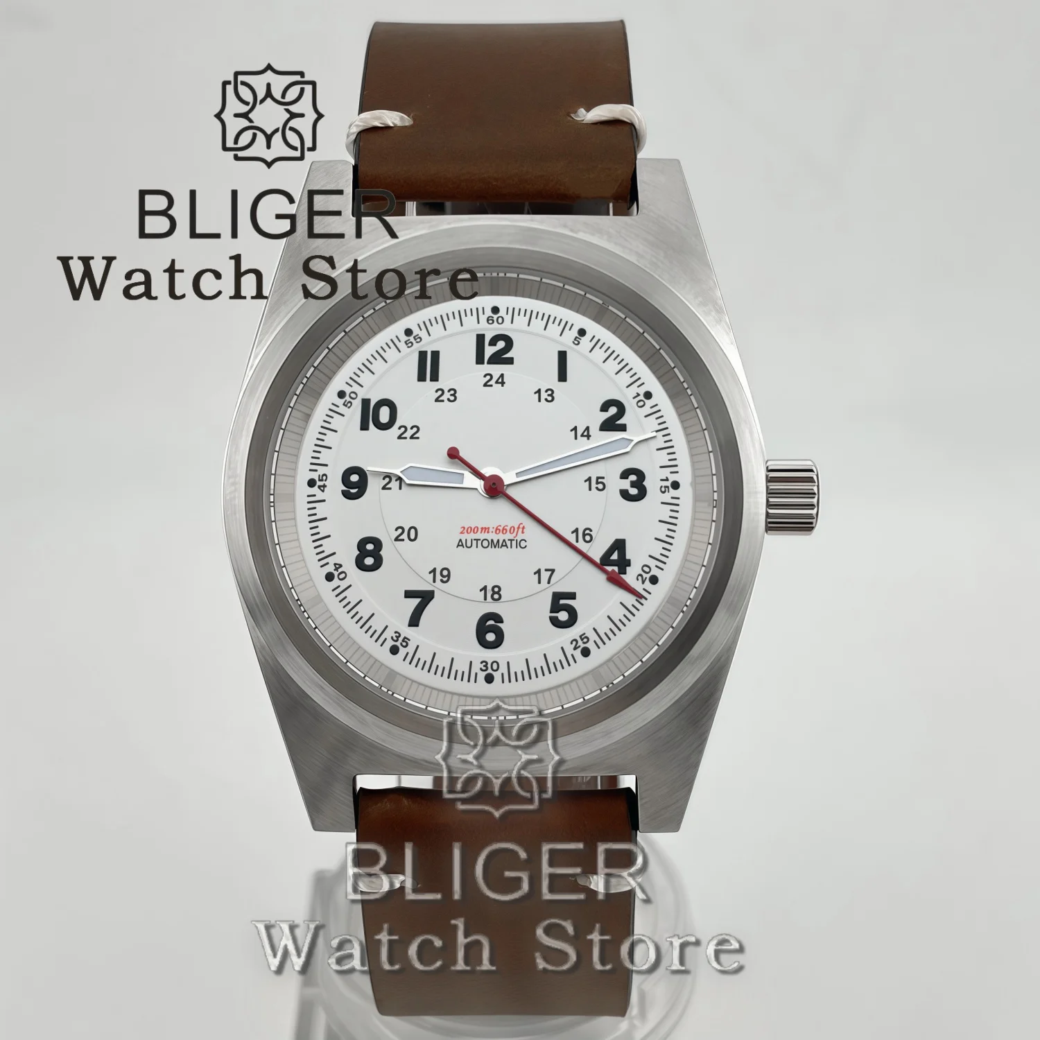 BLIGER 38mm Fashion Mechanical Automatic Wristwatch For Men 100m Waterproof Leather Band NH35 PT5000 Movt Sapphire Green Lume