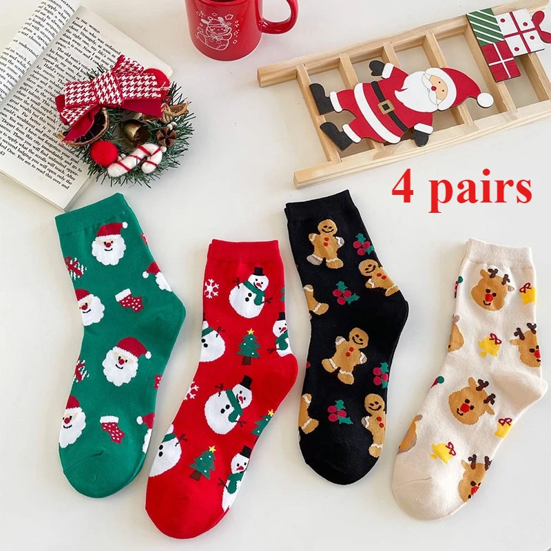 

4 пары женских носков с рисунком Санта-Клауса, удобные модные носки в стиле Харадзюку с животными, дышащие украшения для рождественской елки, подарок
