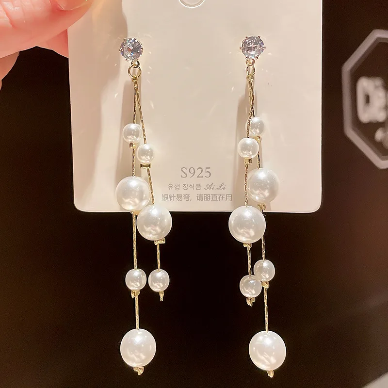 New Long Pearl Tassel Earrings for Women Fairy Crystal Top Dangle Earrings Irregular Pearl Pendants Temperament Wedding Jewelry