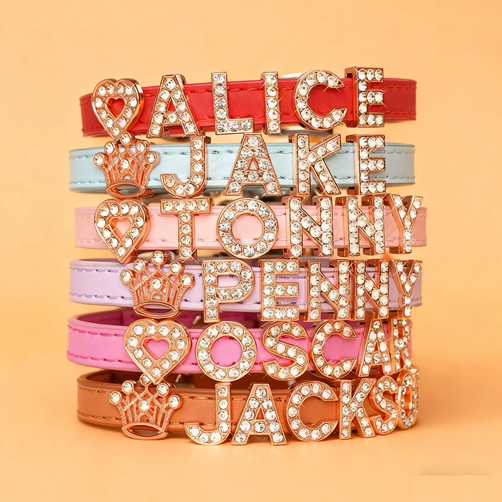 Personalized Cat Name Collar Bling Rhinestone Puppy Dog Collars Free Name Letters Charms Anti-lost Pet Accessories Pink