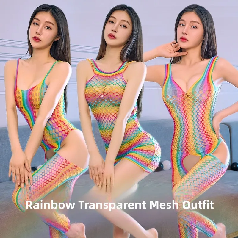 섹시한 투명 컬러풀 여성용 망사 세트 슬립웨어 스타킹 란제리 클리어 펀 매혹적인 디자인 중국산 2025년 봄