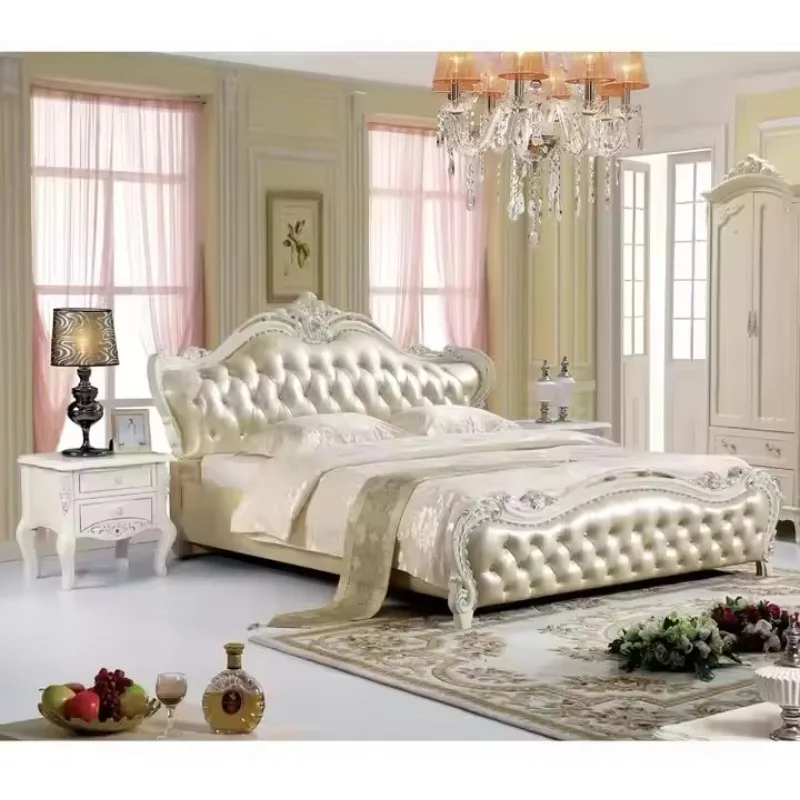 Custom Luxury Antique French Style Bedroom Furniture European Solid Wood Carved Double Leather Wedding Bed king Size Royal Be