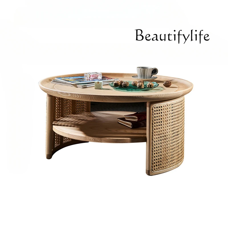 

Nordic Solid Wood round Coffee Table Japanese Modern Minimalist Retro Rattan Tea Table Minimalist Small Apartment