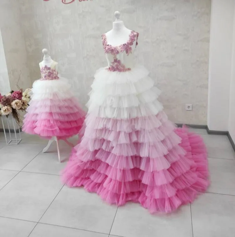 Ombre Ruffle Mother Daughter Matching Dress Fairy Corset Mommy and Me Outfits Princess Birthday Party Gowns