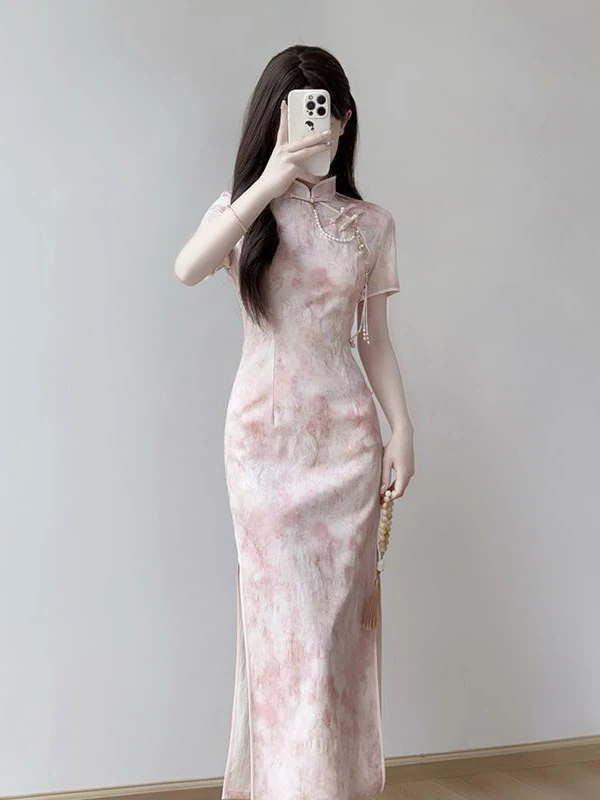 

Розовый Qipao Dr Slim Fit Young Sle Новая китайская версия Летняя повседневная одежда из полиэфирного волокна ort Sve Retro Sle
