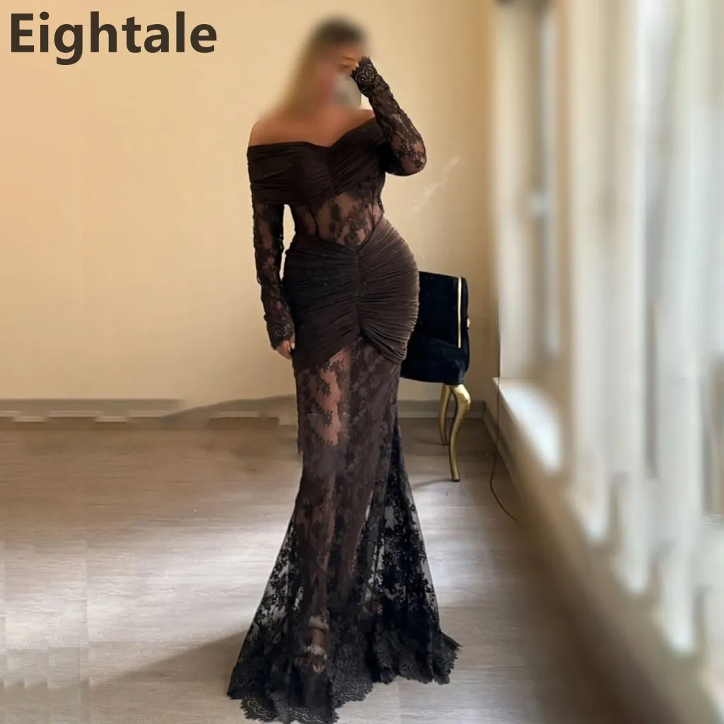 

Eightale 2025 г., арабское черное вечернее платье русалки с открытыми плечами, кружевное платье с длинными рукавами, индивидуальное платье для выпускного вечера, вечернее платье robe de soiree