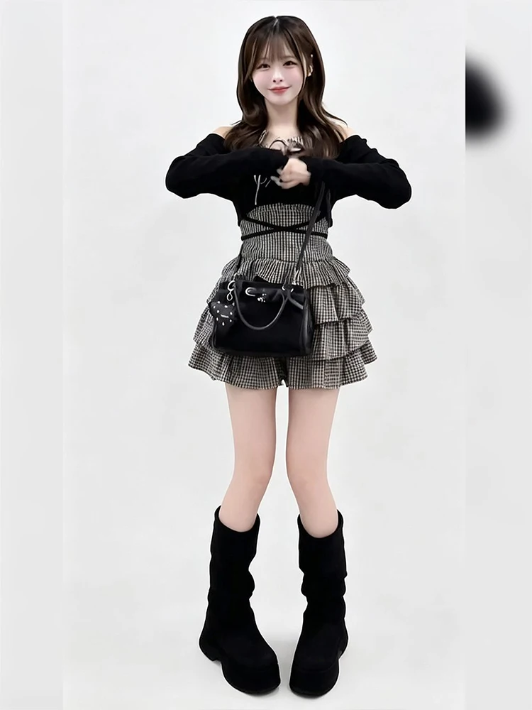 Japanese Style Plaid Cake Dress Women's Autumn 2026 New Black Cover up Two Piece Set Waist Cinched Shoulder Bared Dress