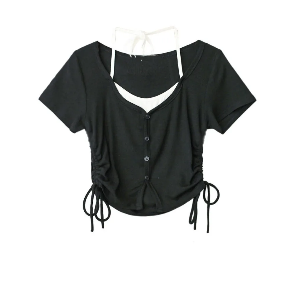 

Soft Korean Fake Two-piece Top Streetwear Short Sleeve Lightweight Vests Spaghetti Strap Aesthetic Halter Tank Top Girls