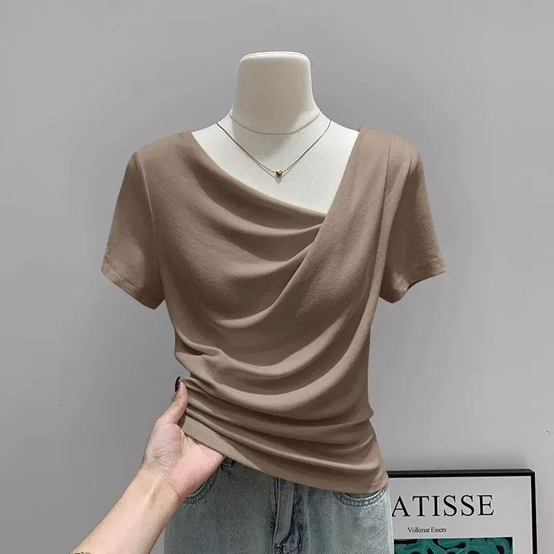 Women's Off Shoulder Asymmetric Slim Irregular Short Sleeve T-Shirt 2026 Spring Summer New Minimalist Versatile Pullover Top