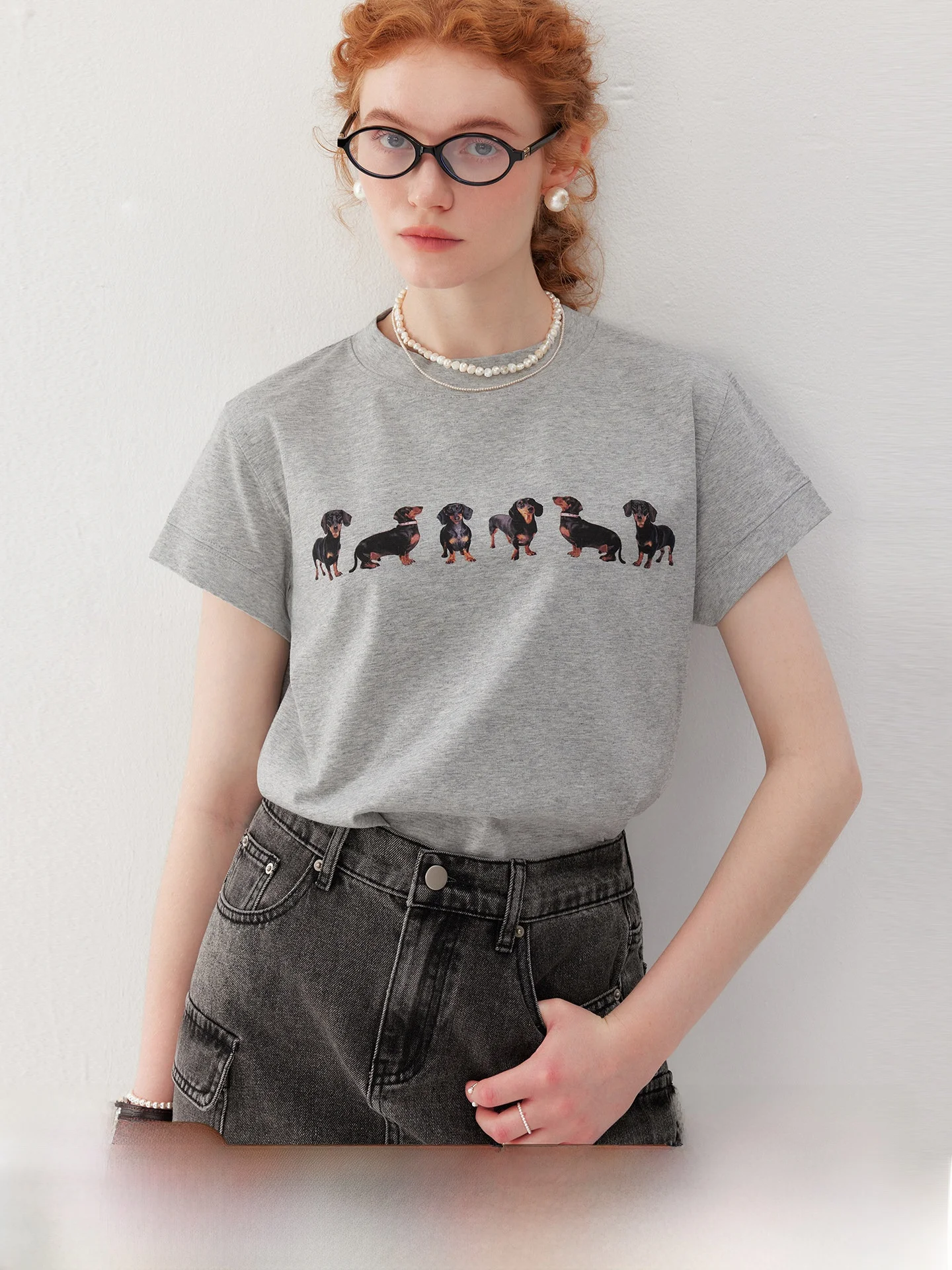 

plus American Retro Sausage Dog Patchwork Print oulder T-irt ort Sve Cotton Casual round Ne Top for Women