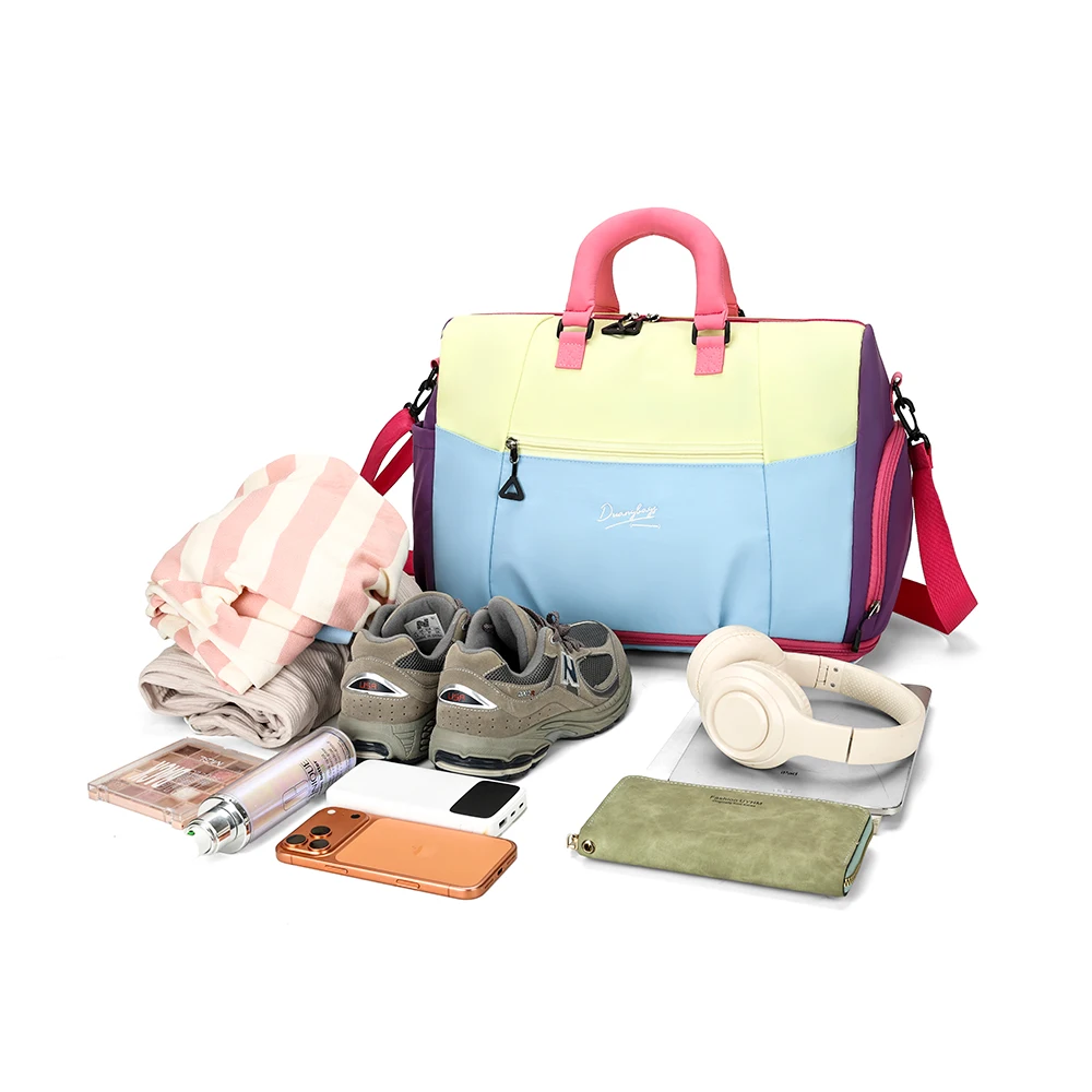 Dopamine Color Block Duffle Bag Large Capacity Expandable Gym Travel Bag with Separate Shoe Compartment Weekend Handbag Women