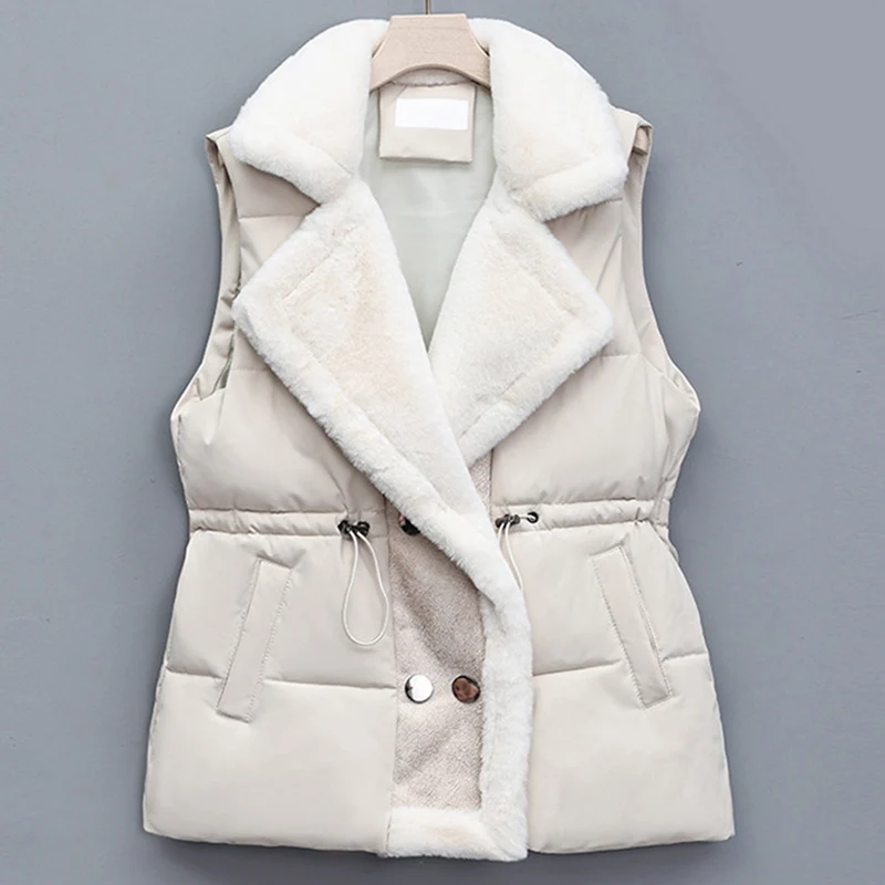 

Vintage Faux Wool Lamb Parkas Women Double Breasted Sleeveless Cotton Jackets Woman Patchwork Thick Warm Outwear Ladies