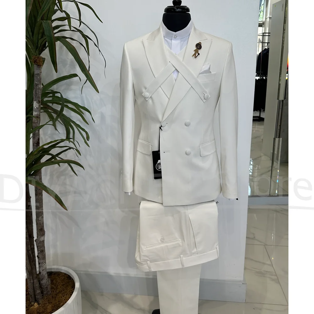Fashion Men Suits Peak Lapel Double Breaste 2 Piece Smart Casual Wedding Party Solid Color Latest Design Customized Male Suit